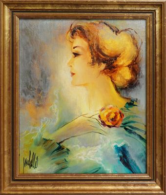 une peinture représentant une femme avec une fleur dans les cheveux