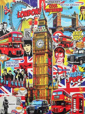 a picture of a picture of london with a lot of different things on it