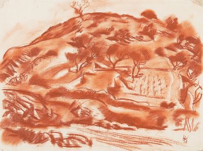 une image représentant un dessin d'une montagne avec des arbres