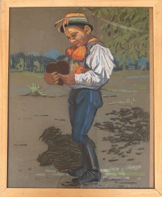 painting of a man holding a pot in his hands