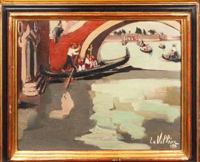 un tableau représentant une gondole passant sous un pont