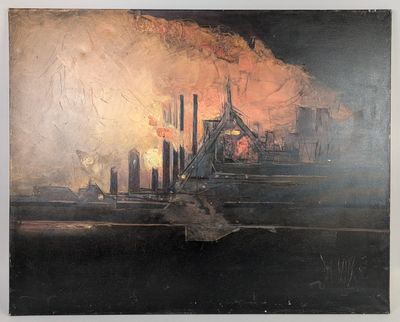 an image of a painting of a factory with smoke coming out of it