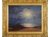 un tableau représentant un château sur la plage, avec une pleine lune dans le ciel