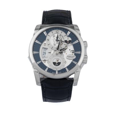 men ' s automatic mechanical watch with blue dial and black leather strap