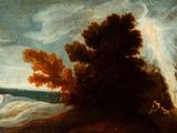an image of a painting of a man sitting on a hill by the ocean