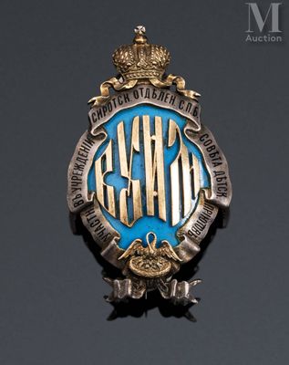 an image of a silver and blue badge with a crown on it