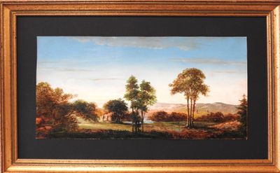 an oil painting of a landscape with trees and mountains in the background