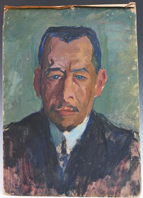 painting of a man in a suit and tie in front of a green background