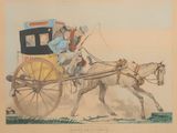 a drawing of a man riding in a carriage pulled by a horse