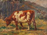 tableau représentant une vache brune et blanche paissant dans un champ