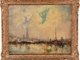 a painting of a cityscape with a sky and clouds in the background