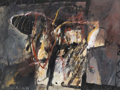 peinture abstraite représentant un éléphant à la tête noire et à la queue rouge