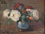 une peinture de fleurs dans un vase bleu sur une table