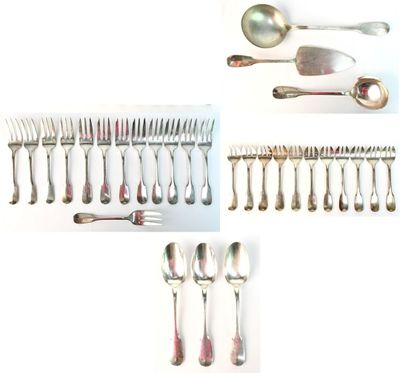12 fourchettes à Gâteau et 1 pelle en métal argenté Guildart