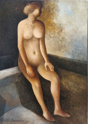 an image of a painting of a nude woman sitting in a bathtub