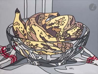 un tableau représentant un bol de biscuits et de bananes posé sur une table