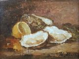 une peinture à l'huile représentant des huîtres et des citrons posés sur une table