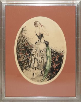 painting of a woman in a green dress holding a flower in her right hand