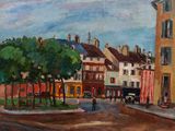 tableau représentant une scène de rue avec des bâtiments et un drapeau hissé sur un mât