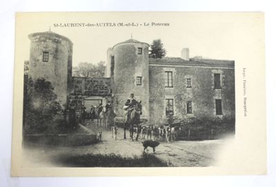 an old photo of a group of people riding horses in front of a castle