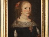 a painting of a woman in a black dress with a red flower in her hair