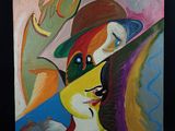 un tableau représentant une femme avec un chapeau et un chat