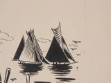 a black and white drawing of sailboats in the water