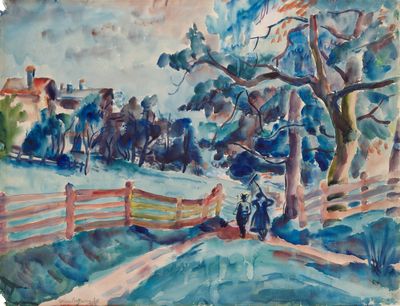 watercolor painting of a country scene with a horse drawn carriage in the foreground