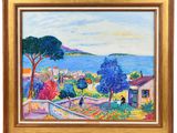 un tableau représentant la vue d'un village avec un lac en arrière-plan