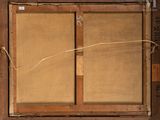 an old wooden frame with a painting hanging on it ' s side