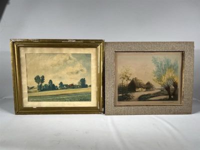 deux photos encadrées représentant des arbres et une route dans un champ