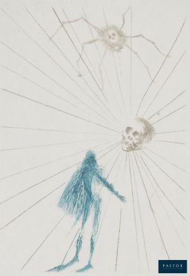 une image représentant un dessin d'une personne debout devant une araignée et un crâne