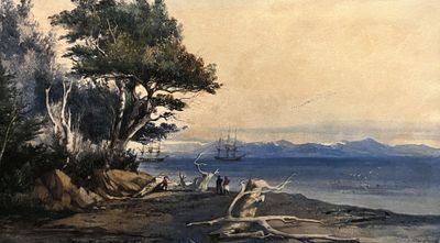 une peinture de personnes au bord d'un lac