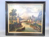 an oil painting of a river scene with a bridge and a castle