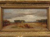 an oil painting of a field with trees and clouds in the background