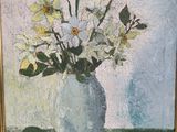 a painting of flowers in a vase on a table