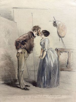 dessin représentant un homme embrassant une femme dans une pièce où se trouve un miroir