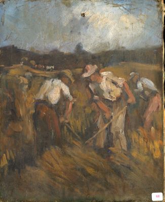 painting of a group of men working in a field with a sky background