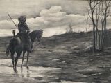 un dessin représentant un homme à cheval dans l'eau