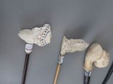 several different types of walking sticks are lined up on a gray surface