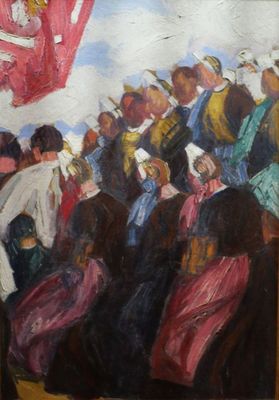 a painting of a group of people standing in front of a flag