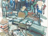 a painting of a group of people standing around a table