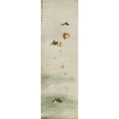a painting of a group of birds flying over a body of water
