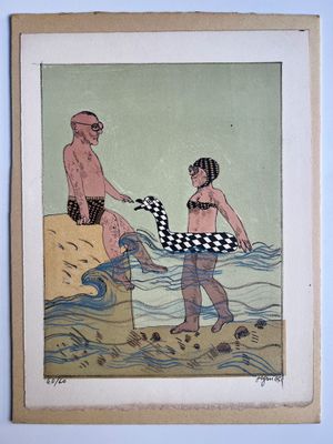 tableau représentant un homme et une femme sur une plage, avec une bouée de sauvetage