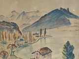 a watercolor painting of a landscape with mountains in the background