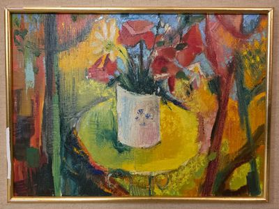 une peinture de fleurs dans un vase sur une table
