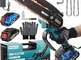 a person holding a chainsaw and a box of tools