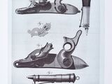 an old drawing of a pair of guns and a knife on a table