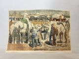 tableau représentant un homme menant un groupe de chevaux sur un chemin de terre