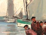 a painting of a group of men standing on a boat